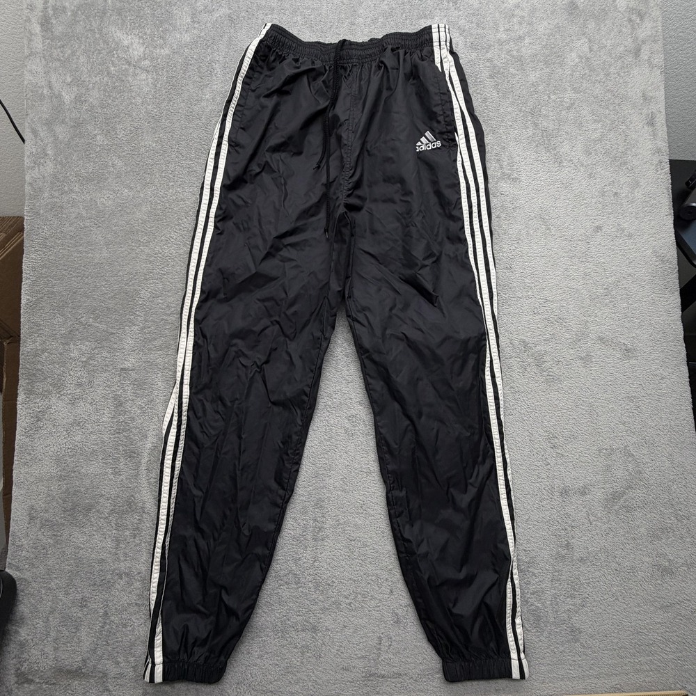 Vintage Adidas Pants Mens L Black Track Pants Nylon Elastic Waist Striped